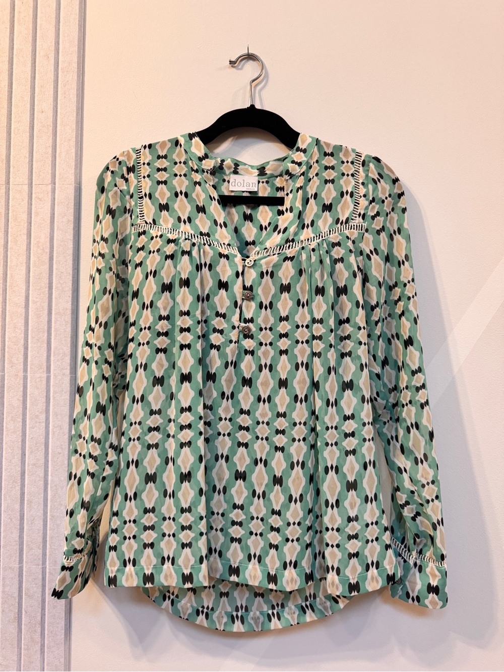 dolan Anthropologie Mint and Black Geometric V-Neck Long Sleeve Blouse